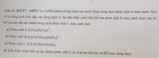 Câu 11. [KNTT - SBT]Cho CuSO_(4) khan không màu vào nước được dung dịch phức chất A màu xanh. Nhỏ
từ từ dung dịch NH_(3) đặc vào dung dịch A, lúc đầu thấy xuất hiện kết tủa phức chất B màu xanh nhạt, sau đó
kết tủa tan dần tạo thành dung dịch phức chất C màu xanh lam.
a) Phức chất A là [Cu(H_(2)O)_(6)]^2+
b) Phức chất B là [Cu(NH_(3))_(4)(H_(2)O)_(2)]^2+
c) Phức chất C là [Cu(OH)_(2)(H_(2)O)_(4)]
d) Dấu hiệu nhận biết sự tạo thành phức chất C là:hoà tan kết tủa và đổi màu dung dịch.