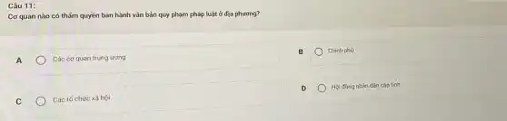 Câu 11:
Cơ quan nào có thẩm quyền ban hành vǎn bản quy phạm pháp luật ở địa phương?
A
Các cơ quan trung ương
Chính phủ
D
Hội đồng nhân dân cấp tinh
C
Các tổ chức xã hội