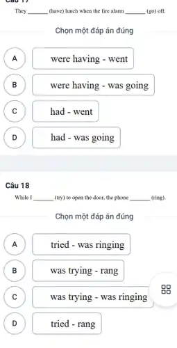 Câu 11
They __ (have) lunch when the fire alarm __ (go) off.
Chọn một đáp án đúng
A )
were having -went
B B
were having - was going
C
had - went
C
D D
had - was going
Câu 18
While I (try) to open the door, the phone __ (ring). __
Chọn một đáp án đúng
A
.
tried - was ringing
B
)
was trying - rang
C C
was trying - was ringing
D
)
tried - rang