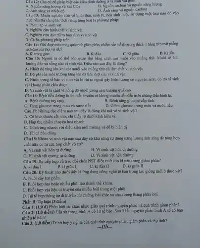 Câu 12: Cǎn cứ để phân biệt các kiểu dinh dưỡng ở vi sinh vật gồm:
A. Nguồn nǎng lượng và khí CO_(2)
B. Nguồn cacbon và nguồn nǎng lượng
C. Ánh sáng và nhiệt độ
D. Ánh sáng và nguồn cacbon
Câu 13: Muốn nghiên cứu về hình thái,sinh lý, hóa sinh hoặc sử dụng một loài nào đó vào
thực tiễn thì cần phải tách riêng từng loài là phương pháp:
A.Phân lập vi sinh vật
B. Nghiên cứu hình thái vi sinh vật
C. Nghiên cứu đặc điểm hóa sinh vi sinh vật
D. Cả ba phương pháp trên
Câu 14: Giai đoạn nào trong quá trình giảm phân, nhiễm sắc thể tập trung thành 1 hàng trên mặt phẳng
xích đạo của thoi vô sắc?
A. Kì trung gian.
B. Kì đầu.
C. Kì giữa.
D. Kì đầu.
Câu 15: Người ta có thể bảo quản thịt bằng cách xát muối vào miếng thịt.Muối sẽ ảnh
hưởng đến sự sống của vi sinh vật.Điều nào sau đây là đúng?
A. Nhiệt độ tǎng lên khi xát muối vào miếng thịt đã làm chết vi sinh vật
B. Độ pH của môi trường tǎng lên đã tiêu diệt các vi sinh vật
C. Nước trong tế bào vi sinh vật bị rút ra ngoài gây hiện tượng co nguyên sinh, do đó vi sinh
vật không phân chia được
D. Vi sinh vật bị chết vì nồng độ muối trong môi trường quá cao
Câu 16: Bệnh tiểu đường là do thiếu insulin và kháng insulin dẫn đến triệu chứng điển hình là:
A. Bệnh cường tuy tạng.
B. Bệnh tǎng glucose cấp tính.
C. Tǎng glucose trong máu và nước tiểu
D. Giảm glucose trong máu và nước tiểu
Câu 17: Những đặc điểm nào sau đây là đúng khi nói về vi sinh vật?
A. Có kích thước rất nhỏ, chỉ thấy rõ dưới kính hiển vi.
B. Hấp thụ nhiều chuyển hoá nhanh.
C. Thích ứng nhanh với điều kiện môi trường và dễ bị biến dị
D. Tất cả đều đúng
Câu 18: Nhóm vi sinh vật nào sau đây có khả nǎng sử dụng nǎng lượng ánh sáng để tổng hợp
chất hữu cơ từ các hợp chất vô cơ?
A. Vi sinh vật hóa tự dưỡng
B. Vi sinh vật hóa dị dưỡng
C. Vi sinh vật quang tự dưỡng
D. Vi sinh vật hóa dưỡng
Câu 19: Sự tiếp hợp và trao đổi chéo NST diễn ra ở chu kì nào trong giảm phân?
B.kì giữa I
A. kì đầu I
C. kì đầu II
D. ki giữa II
Câu 20: Kỹ thuật nào dưới đây là ứng dụng công nghệ tế bào trong tạo giống mới ở thực vật?
A. Nuôi cấy hạt phấn.
B. Phối hợp hai hoặc nhiều phôi tạo thành thể khảm.
C. Phối hợp vật liệu di truyền của nhiều loài trong một phôi.
D. Tái tổ hợp thông tin di truyền của những loài khác xa nhau trong thang phân loại.
Phần II: Tự luận (3 điểm)
Câu 1: (1,0 đ) Phân biệt sự khác nhau giữa quá trình nguyên phân và quá trình giảm phân?
Câu 2: (1,0 điểm) Giả sử trong bình A có 10 tế bào. Sau 5 lần nguyên phân bình A sẽ có bao
nhiêu tế bào?
Câu 3: (1,0 điểm) Trình bày ý nghĩa của quá trình nguyên phân, giảm phân và thụ tinh?