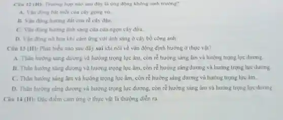 Câu 12 (H):Trường hợp nào sau đây là ứng động không sinh trường?
A. Vận động bắt mồi của cây gọng vó.
B. Vận động hướng đất của rễ cây đậu.
C. Vận động hướng ánh sáng của của ngọn cây dừra.
D. Vận động nở hoa khi cảm ứng với ánh sáng ở cây bổ công anh.
Câu 13 (H) : Phát biểu nào sau đây sai khi nói về vận động định hướng ở thực vật?
A. Thân hướng sáng dương và hướng trọng lực âm , còn rễ hướng sáng âm và hướng trọng lực dương.
B. Thân hướng sáng dương và hướng trọng lực âm, còn rễ hướng sáng dương và hướng trọng lực dương.
C. Thân hướng sáng âm và hướng trọng lực âm, còn rễ hướng sáng dương và hướng trọng lực âm.
D. Thân hướng sáng dương và hướng trọng lực dương, còn rễ hướng sáng âm và hướng trọng lực dương.
Câu 14 (H): Đặc điểm cảm ứng ở thực vật là thường diễn ra