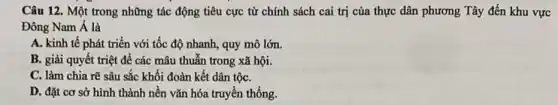 Câu 12. Một trong những tác động tiêu cực từ chính sách cai trị của thực dân phương Tây đến khu vực
Đông Nam Á là
A. kinh tế phát triển với tốc độ nhanh, quy mô lớn.
B. giải quyết triệt để các mâu thuẫn trong xã hội.
C. làm chia rẽ sâu sắc khối đoàn kết dân tộC.
D. đặt cơ sở hình thành nền vǎn hóa truyền thống.