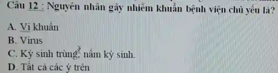 Câu 12 : Nguyên nhân gây nhiễm khuẩn bệnh viện chủ yếu là?
A. Vi khuẩn
B. Virus
C. Ký sinh trùng nấm ký sinh.
D. Tất cả các ý trên