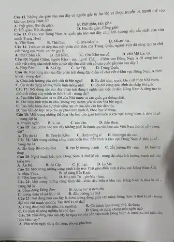 Câu 12. Những tôn giáo nào sau đây có nguồn gốc từ Ấn Độ và được truyền bá mạnh mẽ vào
khu vực Đông Nam A?
A. Phật giáo, Hin-đu giáo.
B. Phật giáo, Hồi giáo
D. Hin-đu giáo, Công giáo.
C. Hồi giáo, Hin-đu giáo.
Câu 13. Ở khu vực Đông Nam Á, quốc gia nào sau đây chịu ảnh hưởng sâu sắc nhất của vǎn
minh Trung Hoa?
B. Thái Lan.
C. Ma-lai-xi-a.
D. Mi-an-ma.
A. Việt Nam.
Câu 14: Trên cơ sở tiếp thu một phần chữ Hán của Trung Quốc, người Việt đã sáng tạo ra chữ
viết riêng của mình,có tên gọi là
A. chữ Chǎm cổ.
B. chữ Nôm.
C. Chữ Khơ-me cổ.
D. chữ Mã Lai cổ.
Câu 15: Người Chǎm , người Khơ - mẹ, người Thái __ ở khu vực Đông Nam Á đã sáng tạo ra
chữ viết riêng của mình trên cơ sở tiếp thu chữ viết cổ của quốc gia nào sau đây ?
A. Nhật Bản
B. Ai Cập
C. Ân Độ
D. Trung Quốc
Câu 16: Nội dung nào sau đây phản ánh đúng đặc điểm về chữ viết ở khu vực Đông Nam Á thời
kì cô - trung đại?
A. Chịu ảnh hưởng của chữ viết từ bên ngoài
B. Ra đời sớm, trước khi xuất hiện Nhà nước
C. Có sự đa dạng nhưng thiếu tính thống nhất
D. Ra đời cùng quá trình du nhập tôn giáo
Câu 17: Nội dung nào sau đây phản ánh đúng ý nghĩa của việc cư dân Đông Nam Á sáng tạo ra
chữ viết riêng của mình từ thời kì cổ - trung đại?
A. Tạo điều kiện cho sự ra đời của Nhà nước và các quốc gia thống nhất.
B. Thể hiện tinh thần tự chủ, không vay mượn yếu tố vǎn hóa bên ngoài.
C. Tạo điều kiện cho sự phát triển rực rỡ của nền vǎn học dân tộC.
D. Tạo tiền đề trực tiếp cho sự phát triển kinh tế, khoa học kĩ thuật.
Câu 18: Một trong những thể loại vǎn học dân gian tiêu biểu ở khu vực Đông Nam Á thời kì cổ
- trung đại là
A. truyện ngắn.
B. kí sự.
C. tản vǎn.
D. thần thoại.
Câu 19: Tác phẩm nào sau đây không phải là thành tựu vǎn học của Việt Nam thời kì cổ - trung
đại?
B. Truyện Kiều
A. Tây du kí	C. Hịch tướng sĩ D. Bình ngô đại cáo
Câu 31: Một trong những công trình kiến trúc điền hình ở khu vực Đông Nam Á thời kì cổ -
trung đại là
A. đền tháp Bô-rô-bu-đua
tháp
B. vạn lý trường thành
C. đấu trường Rô - ma
D. kim tự
Câu 20: Nghệ thuật kiến trúc Đông Nam Á thời kì cổ - trung đại chịu ảnh hưởng mạnh mẽ của
kiến trúc
A. Ân Độ.
B. Ai Cập.
C. Hi Lạp.
D. La Mã.
Câu 21: Một trong những công trình kiến trúc Phật giáo điền hình ở khu vực Đông Nam Á là
A. chùa Vàng	B. cố cung Bắc Kinh
C. Đền Ăng-co-vát.
D. lǎng mộ Ta- giơ Ma - han.
Câu 21: Một trong những công trình điêu khắc tiêu biểu ở khu vực Đông Nam Á thòi kì cổ -
trung đại là
A. trống đồng Đông Sơn
B. tượng lực sĩ ném đĩa
D. đấu trường La Mã
C. tượng thần vệ nữ Mi - lô
Câu 23: Nội dung nào sau đây là điểm tương đồng giữa vǎn minh Đông Nam Á thời kì cổ - trung
đại với vǎn minh phương Tây thời kì cổ đại?
A. Cùng theo một tôn giáo, tín ngưỡng
C. Có kinh tế nông nghiệp là chủ đạo
B. Có thành tựu phong phú, đa dạng
D. Cùng sử dụng chung một ngôn ngữ
Câu 24: Nội dung nào sau đây là nguy cơ của nền vǎn minh Đông Nam Á trước xu thế toàn cầu
hóa hiện nay?
A. Phát triển ngày càng đa dạng, phong phú hơn.