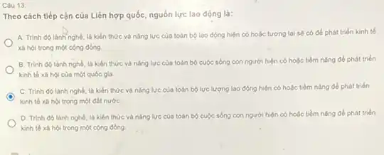 Câu 13
Theo cách tiếp cận của Liên hợp quốC.nguồn lực lao động là:
A. Trinh độ lành nghề là kien thức và nǎng lực của toàn bộ lao động hiện có hoặc tương lai sẽ có để phát triển kinh té
xâ hội trong một cọng đồng
B. Trinh độ lanh nghề, là kiến thức và nǎng lực của toàn bộ cuộc sóng con người hiện có hoặc tiềm nǎng để phát triến
kinh tế xã hoi của một quốc gia.
C
C. Trinh đó lành nghề, là kiến thức và nǎng lực của toàn bộ lực lượng lao động hiện có hoặc tiềm nǎng để phát triến
kinh tế xã hội trong một đất nướC.
D. Trinh độ lành nghề, là kiến thức và nǎng lực của toàn bộ cuộc sống con người hiện có hoặc tiềm nǎng để phát triển
kinh tế xã hội trong một cộng đồng