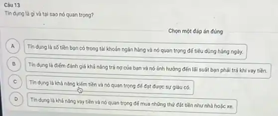 Câu 13
Tín dụng là gì và tại sao nó quan trọng?
Chọn một đáp án đúng
A
Tín dụng là số tiền bạn có trong tài khoản ngân hàng và nó quan trọng đế tiêu dùng hàng ngày.
A
B
Tín dụng là điếm đánh giá khả nǎng trả nợ của bạn và nó ánh hưởng đến lãi suất bạn phải trả khi vay tiền.
B
C
Tin dụng là khả nǎng kiếm tiền và nó quan trọng đế đạt được sự giàu có.
c
D )
Tín dụng là khả nǎng vay tiền và nó quan trọng đế mua những thứ đát tiền như nhà hoặc xe.