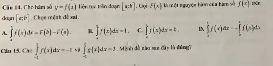 Câu 14. Cho hàm số y=f(x) liên tục trên đoạn [a;b] Gọi F(x) là một nguyên hàm của hàm số f(x) trên
đoạn [a;b] . Chọn mệnh đề sai.
A. int _(a)^bf(x)dx=F(b)-F(a)
B. int _(a)^af(x)dx=1
C. int _(a)^af(x)dx=0
D. int _(a)^bf(x)dx=-int _(b)^af(x)dx
Câu 15. Cho int _(-2)^2f(x)dx=-1 và int _(-2)^2g(x)dx=3
. Mệnh đề nào sau đây là đúng?