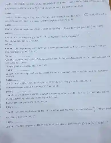 Câu 14. Cho hình chóp S.ABCD có đáy ABCD là hình vuông tâm O, cạnh a. Đường thǎng SO vuông góc với
mặt phẳng đáy (ABCD) và SO=(asqrt (3))/(2) Tính góc giữa hai mặt phẳng (SBC) và (ABCD)
Trá lời: __ ......................................................................
Câu 15. Cho hình lǎng trụ đứng ABC . A'BC' đáy ABC là tam giác cân
AB=AC=a,hat (BAC)=120^circ ,BB'=a,I
trung điểm của CC . Tính cosin của góc giữa hai mặt phẳng (ABC) và (AB'I)
Trả lời: __ ......................................................................
Câu 16. Cho hình lập phương ABCDcdot A'BC'D' có cạnh bằng a . Tính số đo của góc giữa
(BA'C) và (DA'C)
Trả lời: ... __
Câu 17. Cho hình chóp tam giác đều S. ABC có đáy tâm O cạnh a , cạnh bên 2a
Tính góc tạo bởi mặt bên và mặt đáy.
Trả lời: __
Câu 18. Cho lǎng trụ đứng ABCcdot A'B'C' có đáy là tam giác vuông cân tại B với
AB=a,A'B=asqrt (7) . Tính góc
giữa hai mặt phẳng (AB'C),(ABC)
Trả lời: __
Câu 19. Cho hình chóp S.ABC có đáy tam giác đều cạnh 2a, hai mặt phǎng
(SAB) và (SAC) cùng vuông góc với
mặt phẳng đáy, SA=3a
Tính góc giữa hai mặt phẳng (SBC) và (SAB)
Trả lời: __
Câu 20. Cho hình chóp cụt tứ giác đều có cạnh đáy nhỏ là a, cạnh đáy lớn là 2a và chiều cao là 3a. Tính độ dài
cạnh bên.
Trả lời: ... __
Câu 21. Cho tứ diện S.ABC có các cạnh SA,SB,SC đôi một vuông góc và
SA=SB=SC=1
Tính cô-sin của góc giữa hai mặt phẳng (SBC) và (ABC)
Trả lời: __
Câu 22. Cho hình chóp S.ABCD có ABCD là hình thang vuông tại A,
AB=BC=a;AD=2AB và hai mặt bên
(SAB),(SAD)
cùng vuông góc với mặt đáy và
SA=asqrt (2)
Tính tang của góc (p giữa (SBC) và (ABCD)
Trả lời: __
Câu 23. Cho hình lǎng trụ tam giác đều ABC.
A'B'C' có cạnh đáy bằng a và cạnh bên bằng (3a)/(2) . Tính góc giữa I
mặt phẳng (A'BC) và (ABC)
Trả lời:
__ .................
Câu 24. Cho hình lập phương ABCD.
A'BC'D' có cạnh bằng a . Tính số đo của góc giữa (BA'C) và (DA'C)