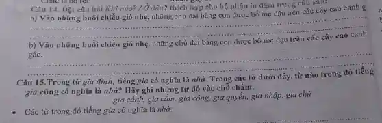 Câu 14. Đặt câu hỏi Khi nào? / Ở đâu? thích hợp cho bộ phận in đậm trong câu sau:
a) Vào những buổi chiều gió nhẹ, những chú đại bàng con được bố mẹ đậu trên các cây cao canh g
__
b) Vào những buổi chiều gió nhẹ, những chú đại bàng con được me
gác.
__
đình, tiếng gia có nghĩa là nhà. Trong các
gia cũng có nghĩa là nhà? Hãy ghi những từ đó vào chỗ chấm.
gia cảnh, gia câm,gia công, gia quyên,gia nhập, gia chủ
Các từ trong đó tiếng gia có nghĩa là nhà: