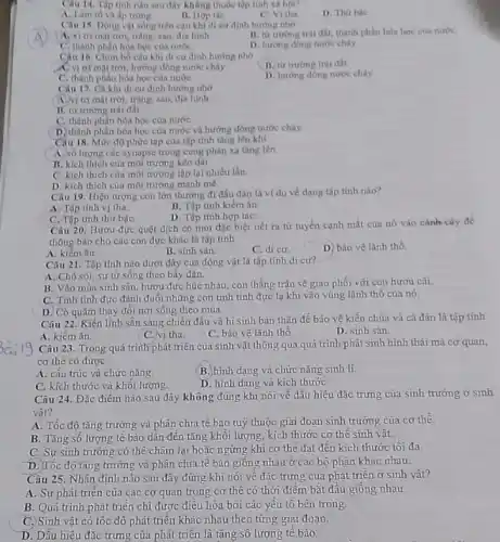 Câu 14. Top tinh nào sau đây không thuộc tập tính xã hoi?
D. Thư baC.
A. Làm to và ấp trung
B. Hop tac
C. Vi tha
Câu 15. Dong var sông trên cạn khi đi cư định hưởng nhờ
B. từ trương trai đất, thành phần hóa hoc cua nướC.
A. vi tri mạt trời tràng, sao, địa hình
C. thành phần hóa học của nướC.
D. hướng dong nước chày.
Câu 16. Chim bo câu khi di cư định hướng nhờ
A. vị trí mặt trời hướng dòng nước chày
B. từ trường trai đất
C. thành phần hóa học của nướC.
D. hướng dong nước cháy.
Câu 17. Cá khi di cư định hướng nhờ
trí mặt trời, trǎng.sao, địa hinh
B. từ trường trái đất
C. thành phần hóa học của nướC.
D. thành phần hóa học của nước và hướng dòng nước chày
Câu 18. Mức độ phức tạp của tập tính tǎng lên khi
A. số lượng các synapse trong cung phản xa tǎng lên.
B. kich thich của môi trường kéo dài.
C. kich thich cùa môi trường lập lại nhiều lần.
D. kich thich của môi trường mạnh mẽ.
Câu 19. Hiện tượng con lớn thường đi đầu đàn là vi dụ về dạng tập tinh nào?
tính vị tha.
B. Tập tính kiếm ǎn.
C. Tập tính thứ bậC.
D. Tập tính hợp táC.
Câu 20. Hươu đực quệt dịch có mùi đạc biệt tiết ra từ tuyến cạnh mắt của nó vào cành cây để
thông báo cho các con đực khác là tập tính
A. kiểm ǎn.
B. sinh sản.
C. di cư
D. bào vệ lãnh thổ.
Câu 21. Tập tính nào dưới đây cùa động vật là tập tinh di cư?
A. Chó sói, sư từ sống theo bầy đàn.
B. Vào mùn sinh sản, hươu đực húc nhau, con thẳng trận sẽ giao phối với con hươu cái.
C. Tinh tinh đực đánh đuổi những con tinh tinh đực lạ khi vào vùng lãnh thổ của nó.
D. Cò quǎm thay đối nơi sống theo mùa.
Câu 22. Kiến lính sẵn sàng chiến đấu và hi sinh bàn thân để bảo vệ kiến chúa và cả đàn là tập tính
A. kiếm ǎn.
tha.
C. bảo vệ lãnh thổ
D. sinh sàn
Câu 23. Trong quá trình phát triển của sinh vật thông qua quá trình phát sinh hình thái mà cơ quan,
cơ thế có được
A. cấu trúc và chức nǎng.
B. hình dạng và chức nǎng sinh lí.
C. kích thước và khôi lượng.
D. hình dạng và kích thướC.
Câu 24. Đặc điểm nào sau đây không đúng khi nói về dấu hiệu đặc trưng của sinh trường ở sinh
vật?
A. Tốc độ tǎng trưởng và phân chia tế bào tuỳ thuộc giai đoạn sinh trưởng của cơ thê.
B. Tǎng số lượng tế bào dẫn đến tǎng khối lượng, kích thước cơ thể sinh vât.
C. Sự sinh trưởng có thể chậm lại hoặc ngừng khi cơ thể đạt đến kích thước tôi đa.
D. Tốc độ tǎng trưởng và phân chia tế bào giống nhau ở các bộ phận khác nhau.
Câu 25. Nhận định nào sau đây đúng khi nói vê đặc trưng của phát triển ở sinh vật?
A. Sự phát triên của các cơ quan trong cơ thể có thời điểm bắt đầu giống nhau.
B. Quá trình phát triển chỉ được điều hòa bởi các yêu tô bên trong.
C.) Sinh vật có tốc độ phát triển khác nhau theo từng giai đoạn.
D. Dấu hiệu đặc trưng của phát triển là tǎng số lượng tê bào.