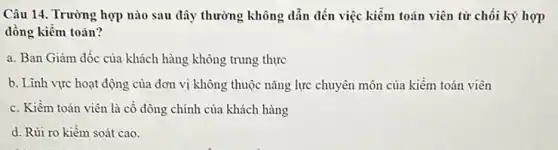 Câu 14. Trường hợp nào sau đây thường không dẫn đến việc kiềm toán viên từ chối ký hợp
đồng kiềm toán?
a. Ban Giám đốc của khách hàng không trung thực
b. Lĩnh vực hoạt động của đơn vị không thuộc nǎng lực chuyên môn của kiềm toán viên
c. Kiềm toán viên là cổ đông chính của khách hàng
d. Rủi ro kiểm soát cao.