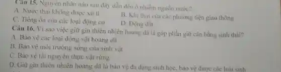 Câu 15. Nguyên nhân nào sau đây dẫn đến ô nhiễm nguồn nước?
A. Nước thài không được xử lí
B. Khi thải của các phương tiện giao thông
C. Tiếng ồn của các loại động cơ
D. Động đất
Câu 16. Vì sao việc giữ gìn thiên nhiên hoang dã là góp phần giữ cân bằng sinh thái?
A. Bảo vệ các loại động vật hoang dã
B. Bảo vệ môi trường sống của sinh vật
C. Bảo vệ tài nguyên thực vật rừng
D. Giữ gìn thiên nhiên hoang dã là bảo vệ đa dạng sinh học, bảo vệ được các loài sinh