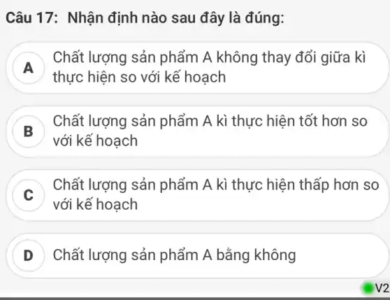 Câu 17: Nhận định nào sau đây là đúng:
A
Chất lượng sản phẩm A không thay đổi giữa kì
A
thực hiện so với kế hoạch
B )
Chất lượng sản phẩm A kì thực hiện tốt hơn so
với kế hoạch
C
Chất lượng sản phẩm A kì thực hiện thấp hơn so
với kế hoạch
D Chất lượng sản phẩm A bằng không