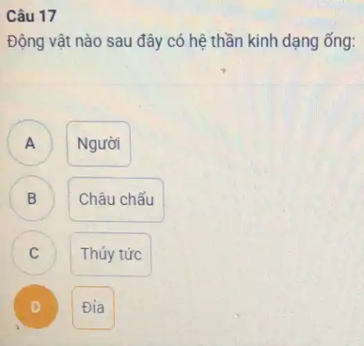 Câu 17
Động vật nào sau đây có hệ thần kinh dạng ống:
A
Người
B D
Châu chấu
C
Thủy tức
D
Địa