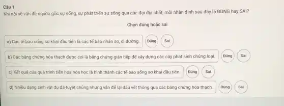 Câu 1
Khi nói về vấn đề nguồn gốc sự sống, sự phát triển sự sống qua các đại địa chất, mỗi nhận định sau đây là ĐÚNG hay SAI?
Chọn đúng hoặc sai
a) Các tế bào sống sơ khai đầu tiên là các tế bào nhân sơ, dị dưỡng.
Đúng
Sai
b) Các bằng chứng hóa thạch được coi là bằng chứng gián tiếp để xây dựng các cây phát sinh chủng loại.
c) Kết quả của quá trình tiến hóa hóa học là hình thành các tế bào sống sơ khai đầu tiên.
d) Nhiều dạng sinh vật dù đã tuyệt chủng nhưng vẫn để lại dấu vết thông qua các bằng chứng hóa thạch.
Đúng Sai