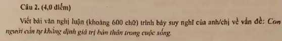 Câu 2. (4,0 điếm)
Viết bài vǎn nghị luận (khoảng 600 chữ)trình bày suy nghỉ của anh/chị về vấn để: Con
người cần tự khủng định giá trị bản thân trong cuộc sống.