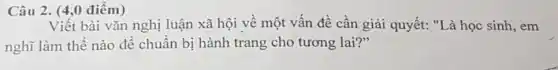 Câu 2. (4,0 điểm)
Viết bài vǎn nghị luận xã hội về một vấn đề cần giải quyết: "Là học sinh,em
nghĩ làm thế nào để chuẩn bị hành trang cho tương lai?"