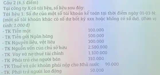 Câu 2 (6,5 điểm)
Tại công ty X có tài liệu, số liệu sau đây:
Tài liêu 1: Số dư của một số tài khoản kế toán tai thời điểm ngày 01-03-N
(một số tài khoản khác có số dư bất kỳ xxx hoặc không có số dư). (Đơn vị
tính: 1.000 đ)
- TK Tiền mặt
100.000
- TK Tiền gửi Ngân hàng
500.000
300.000
- TK Nguyên liệu vật liệu
- TK Nguồn vốn của chủ sở hữu	2.500 .000
- TK Vay và nơ thuê tài chính	1.100 .000
- TK Phải trả cho người bán	310.000
- TK Thuế và các khoản phải nộp cho Nhà nước 90.000
- TK Phải trả người lao động	50.00