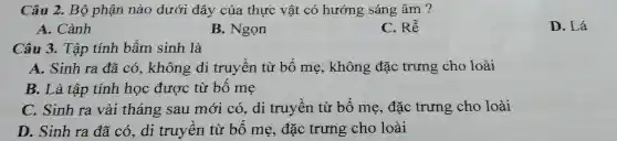 Câu 2. Bộ phận nào dưới đây của thực vật có hướng sáng âm ?
A. Cành
B. Ngọn
C. Rễ
D. Lá
Câu 3. Tập tính bẩm sinh là
A. Sinh ra đã có, không di truyền từ bố mẹ , không đặc trưng cho loài
B. Là tập tính học được từ bố mẹ
C. Sinh ra vài tháng sau mới có,di truyền từ bố mẹ, đặc trưng cho loài
D. Sinh ra đã có, di truyền từ bố mẹ, đặc trưng cho loài