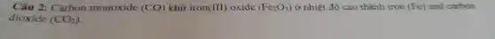 Câu 2: Carbon monoxide
(CO)	(III)	(Fe_(2)O_(3))
(Fe) and carbon
dioxide
(CO_(2))