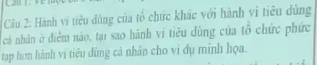 Câu 2: Hành vi tiêu dùng của tô chức khác với hành vi tiêu dùng
cá nhân ở điểm nào, tại sao hành vi tiêu dùng của tổ chức phức
tap hơn hành vi tiêu dùng cá nhân cho ví dụ minh họa.