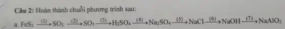 Câu 2: Hoàn thành chuỗi phương trình sau:
FeS_(2)xrightarrow ((1))arrow SO_(2)xrightarrow ((2))xrightarrow ((2))SO_(3)xrightarrow ((3))H_(2)SO_(4)xrightarrow ((4))Na_(2)SO_(4)xrightarrow (161)xrightarrow (161)NaClxrightarrow (161)NaOHxrightarrow