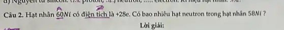 Câu 2. Hạt nhân 60Ni có điện tích là +28e Có bao nhiêu hạt neutron trong hạt nhân 58Ml?
Lời giải: