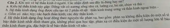 Câu 2. Khi nói vè hệ thần kinh ở người. Các nhận định sau đây là đúng hay sai?
a. Kiểu hệ thần kinh này gặp: Động vật có xương sống như cá, lưỡng cư,bò sát, chim và thú -
b. Hệ thần kinh dạng ống được cấu tạo từ 2 phần rõ rệt : thần kinh trung ương và thần kinh ngoại biên -
c. Gồm có não;tủy; các hạch thần kinh; các dây thần kinh. -
d. Hệ thần kinh dạng ống hoạt động theo nguyên tắc phản xạ, bao gồm: phản xạ không điều kiện do một số tế
bào thần kinh nhất định tham gia, không phải qua học tập;phản xạ có điều kiện do một số lượng lớn tế bào
thần kinh tham gia.đặc biệt là tế bào thần kinh võ não. -