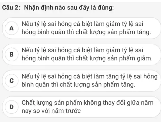 Câu 2: Nhận định nào sau đây là đúng:
A
Nếu tỷ lệ sai hỏng cá biệt làm giảm tỷ lệ sai disappointed
hỏng bình quân thì chất lượng sản phẩm tǎng.
B
Nếu tỷ Nếu tỷ lệ sai hỏng cá biệt làm giảm tỷ lê sai
hỏng bình quân thì chất lượng sản phẩm giảm.
C
disappointed
Nếu tỷ lệ sai hỏng cá biệt làm tǎng tỷ lệ sai hỏng
bình quân thì chất lượng sản phẩm tǎng.
D
Chất lượng sản phẩm không thay đổi giữa nǎm
nay so với nǎm trước