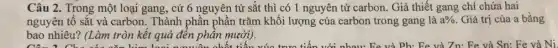 Câu 2. Trong một loại gang, cứ 6 nguyên tử sắt thì có 1 nguyên tử carbon. Giả thiết gang chỉ chứa hai
nguyên tố sắt và carbon. Thành phần phân trǎm khối lượng của carbon trong gang là a% . Giá trị của a bằng
bao nhiêu? (Làm tròn kết quả đến phân mười).