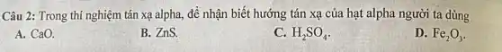 Câu 2: Trong thí nghiệm tán xạ alpha., để nhận biết hướng tán xạ của hạt alpha người ta dùng
A. CaO.
B. ZnS.
C. H_(2)SO_(4)
D. Fe_(2)O_(3)