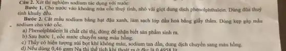 Câu 2. Xét thí nghiệm sodium tác dụng với nước:
Bước 1. Cho nước vào khoảng nửa cốc thuỷ tinh, nhỏ vài giọt dung dịch phenolphthalein. Dùng đũa thuỷ
tinh khuấy đều.
Bước 2. Cắt mẩu sodium bằng hạt đậu xanh,làm sạch lớp dầu hoả bằng giấy thấm.Dùng kẹp gấp mẫu
sodium cho vào cốc.
a) Phenolphtalein là chất chỉ thị, dùng để nhận biết sản phẩm sinh ra.
b) Sau bước 1 , cốc nước chuyển sang màu hồng.
c) Thấy có hiện tượng sủi bọt khí không màu, sodium tan dần, dung dịch chuyển sang màu hồng.
d) Nếu dùng 0,46 gam Na thì thể tích khí thoát ra ở đkc là 04958 lít