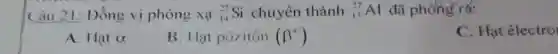 Câu 21: Đồng vị phóng xạ (}_(14)^27Si chuyển thành ()_{13)^27Al đã phóng rá:
A. Hatalpha 
B. Hạt pò>itôn (beta ^+)
C. Hạt êlectro