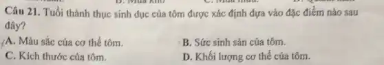 Câu 21. Tuổi thành thục sinh dục của tôm được xác định dựa vào đặc điểm nào sau
đây?
YA. Màu sắc của cơ thể tôm.
B. Sức sinh sản của tôm.
C. Kích thước của tôm
D. Khối lượng cơ thể của tôm.