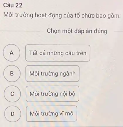 Câu 22
Môi trường hoạt động của tổ chức bao gồm:
Chọn một đáp án đúng
A
Tất cả những câu trên
A
B B
Môi trường ngành
C C
Môi trường nội bộ
D )
Môi trường vĩ mô