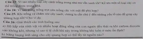 Câu 23: Vì sao nhiều loại cây cảnh trồng trong nhà mà vẫn xanh tốt? Kể tên một số loại cây có
thể trồng được trong nhà.
Câu 24: Vì sao trong trồng trọt nên trồng cây với mật độ phù hợp?
Câu 25: Khi trồng và chǎm sóc cây xanh, chúng ta cần chú ý đến những yếu tố nào để giúp cây
quang hợp tốt? Cho ví dụ.
Câu 26: Giải thích các tình huống sau:
a) Hô hấp của sinh vật và nhiều hoạt động sống của con người đều thải ra khi carbon dioxide
vào không khí, nhưng vì sao tỉ lệ chất khí này trong không khí luôn ở mức ổn định?
b) Nǎng lượng ánh sáng cho cây quang hợp có thể lấy từ nguồn nào?