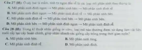 Câu 27 (H): Ở cây hai lá mắm.tính tứ ngon đến tế là các loa mô phản sinh theo thứ tự là
A. Mô phân sinh đinh ngon - Mô phân sinh bên -Mô phân sinh định
B. Mô phân sinh đinh ngọn ­­­­→ Mô phân sinh đinh re - Mô phản sinh bên.
C. Mô phân sinh đinh ré - Mô phân sinh bên -Mô phản sinh bên.
D. Mô phân sinh bên ­­­­→ Mô phân sinh đinh ngon -Mô phân sinh định rễ
Câu 28 (H): Trong kĩ thuật nhân giống in vitro, loại mô nào thường được sử dụng làm vật liệu
nuối cấy tạo cây hoàn chính, giúp nhân nhanh các giống cây trồng trong thời gian nein?
A. Mô phân sinh bên.
B. Mô phàn sinh long
C. Mô phân sinh đinh rẻ.
D. Mô phàn sinh đinh