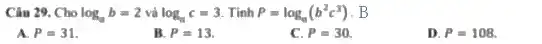 Câu 29. Cho log_(a)b=2 và log_(q)c=3 . Tính P=log_(4)(b^2c^3) . B
P=31
B. P=13
c P=30
D P=108