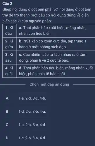 Câu 2
Ghép nội dung ở cột bên phải với nội dung ở cột bên
trái để trở thành một câu có nội dung đúng về diễn
biến các kì của nguyên phân:
a. Thoi phân bào xuất hiện, màng nhân,
nhân con tiêu biến.
2. Kì b. NST kép co xoắn cực đại, tập trung 1
giữa hàng ở mặt phẳng xích đạo.
c. Các nhiễm sắc tử tách nhau ra ở tâm
động, phân li về 2 cực tế bào.
d. Thoi phân bào tiêu biến, màng nhân xuất
hiện, phân chia tế bào chất.
__ Chọn một đáp án đúng
__
A )
1-a,2-d,3-c,4-b
B
1-d , 2-c, 3-b, 4-a.
.
1-a , 2-b, 3-c, 4-d.
D
.
1-c,2-b,3-a,4-d