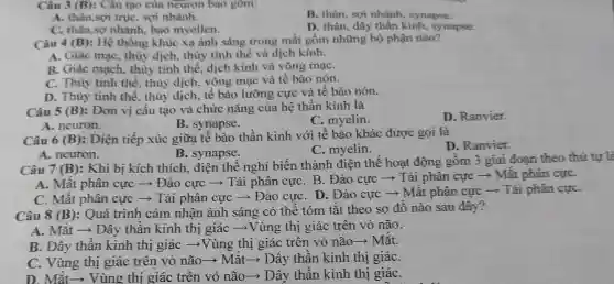 Câu 3 (B): Câu tạo của neuron bao gôm:
A. thân.sợi trụC.sợi nhánh.
B. thân, sợi nhánh, synapse.
C. thân,sợ nhánh, bao myellen.
D. thân, dây thần kinh, synapse.
Câu 4 (B) : Hệ thống khúc xạ ảnh sáng trong mắt gồm những bộ phận nào?
A. Giác mạC.thủy dịch, thùy tinh thế và dịch kính.
B. Giác mạch.thủy tinh thể.dịch kính và võng mạC.
C. Thùy tinh thể, thùy dịch.võng mạc và tế bào nón.
D. Thủy tinh thể, thủy dịch.tế bào lưỡng cực và tế bào nón.
Câu 5 (B) : Đơn vị cấu tạo và chức nǎng của hệ thần kinh là
C. myelin.
D. Ranvier.
A. neuron.
B. synapse.
Câu 6 (B) : Diện tiếp xúc giữa tế bào thần kinh với tế bào khác được gọi là
D. Ranvier.
A. neuron.
B. synapse.
C. myelin.
Câu 7 (B)
: Khi bị kích thích, điện thế nghỉ biến thành điện thế hoạt đông gồm 3 giai đoạn theo thứ tự là
A. Mất phân cực ­­­­→ Đảo cực ­­­­→ Tái phân cựC. B . Đảo cực ­­­­→ Tái phân cực ­­­­→Mất phân cựC.
C. Mất phân cực ­­­­→ Tái phân cực ­­­­→Đảo cựC. D.. Đảo cực ­­­­→Mất phân cực ­­­­→ Tái phân cựC.
Câu 8 (B):Quá trình cảm nhận ánh sáng có thể tóm tắt theo sơ đồ nào sau đây?
A. Mặt ­­­­→ Dây thần kinh thị giác ­­­­→Vùng thị giác trên vỏ não.
B. Dây thần kinh thị giác ­­­­→Vùng thị giác trên vỏ não­­­­→ Mắt.
C. Vùng thị giác trên vỏ não­­­­→ Mắt ­­­­→Dây thần kinh thị giáC.
Vùng thi giác trên vỏ não->Dây thần kinh thị giáC.