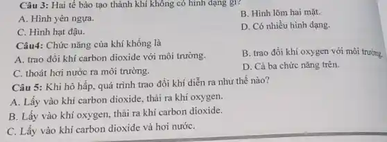 Câu 3: Hai tế bào tạo thành khí không có hình dạng gr?
A. Hình yên ngựa.
B. Hình lõm hai mặt.
C. Hình hạt đậu.
D. Có nhiều hình dạng.
Câu4: Chức nǎng của khí khổng là
A. trao đồi khí carbon dioxide với môi trường.
B. trao đổi khí oxygen với môi trường.
C. thoát hơi nước ra môi trường.
D. Cả ba chức nǎng trên.
Câu 5: Khi hô hấp, quá trình trao đồi khí diễn ra như thế nào?
A. Lấy vào khí carbon dioxide thải ra khí oxygen.
B. Lấy vào khí oxygen, thải ra khí carbon dioxide.
C. Lấy vào khí carbon dioxide và hơi nướC.