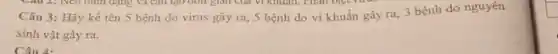 Câu 3: Hãy kể tên 5 bệnh do virus gây ra, 5 bệnh do vi khuẩn gây ra, 3 bệnh do nguyên
sinh vật gây ra.