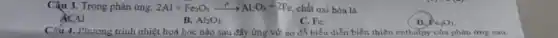 Câu 3. Trong phản ứng: 2Al+Fe_(2)O_(3)xrightarrow (t^circ )Al_(2)O_(3)+2Fe chất oxi hóa là
B. Al_(2)O_(3)
C. Fe.
D. Fe_(2)O_(3)
Câu 4. Phương trình nhiệt hoá học nào sau đây ứng với sơ đồ biểu diễn biến thiên enthalpy của phản ứng sau: