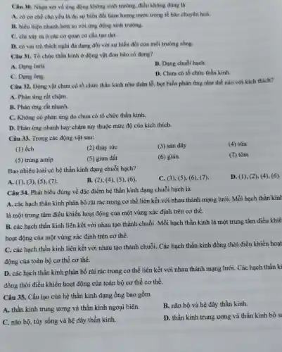 Câu 30. Nhận xét về ứng động không sinh trường, điều không đúng là
A. có cơ chế chủ yếu là do sự biển đồi hàm lượng nước trong tế bào chuyên hoá.
B. biểu hiện nhanh hơn so với ứng động sinh trường.
C. chi xảy ra ở các cơ quan có cầu tạo dẹt.
D. có vai trò thích nghi đa dạng đối với sự biến đối của môi trường sóng.
Câu 31. Tổ chức thần kinh ở động vật đơn bào có dạng?
A. Dạng lưới.
B. Dạng chuổi hạch.
C. Dạng ống.
D. Chưa có tổ chức thần kinh.
Câu 32. Động vật chưa có tổ chức thần kinh như thân lỗ, bọt biển phản ứng như thế nào với kích thích?
A. Phàn ứng rất chậm.
B. Phàn ứng rất nhanh.
C. Không có phản ứng do chưa có tổ chức thần kinh.
D. Phản ứng nhanh hay chậm tùy thuộc mức độ của kích thich.
Câu 33. Trong các động vật sau:
(4) sứra
(1) ếch
(2) thủy tức
(3) sán dây
(5) trùng amip
(5) giun đất
(6) gián
(7) tôm
Bao nhiêu loài có hệ thần kinh dạng chuỗi hạch?
D. (1), (2), (4)(6).
A. (1), (3), (5)(7)
B. (2), (4), (5),(6)
C. (3), (5),(6), (7)
Câu 34. Phát biểu đúng về đặc điểm hệ thần kinh dạng chuỗi hạch là
A. các hạch thần kinh phân bố rải rác trong cơ thể liên kết với nhau thành mạng lưới Mỗi hạch thần kinh
là một trung tâm điều khiển hoạt động của một vùng xác định trên cơ thể.
B. các hạch thần kinh liên kết với nhau tạo thành chuỗi. Mỗi hạch thần kinh là một trung tâm điều khiể
hoạt động của một vùng xác định trên cơ thể.
C. các hạch thần kinh liên kết với nhau tạo thành chuỗi. Các hạch thần kinh đồng thời điều khiển hoạt
động của toàn bộ cơ thể cơ thể.
D. các hạch thần kinh phân bố rải rác trong cơ thể liên kết với nhau thành mạng lưới . Các hạch thần ki
đồng thời điều khiển hoạt động của toàn bộ cơ thể cơ thể.
Câu 35. Cấu tạo của hệ thần kinh dạng ống bao gồm
A. thần kinh trung ương và thần kinh ngoại biên.
B. não bộ và hệ dây thần kinh.
C. não bộ, tủy sống và hệ dây thần kinh.
D. thần kinh trung ương và thần kinh bổ s