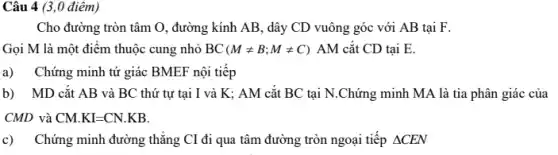 Câu 4 (3,0 điểm)
Cho đường tròn tâm O, đường kính AB,, dây CD vuông góc với AB tại F.
Gọi M là một điểm thuộc cung nhỏ BC (Mneq B;Mneq C) AM cắt CD tại E.
a) Chứng minh tứ giác BMEF nội tiếp
b) MD cắt AB và BC thứ tự tại I và K; AM cắt BC tại N .Chứng minh MA là tia phân giác của
CMD và CM.KI=CN.KB
c) Chứng minh đường thẳng CI đi qua tâm đường tròn ngoại tiếp Delta CEN