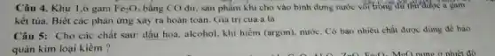 Câu 4. Khử 1,6 gam Fe_(2)O_(3) bằng CO dư, sản phẩm khí cho vào bình đựng nước với trong dư thư được a gam
kết tủa. Biết các phàn ứng xảy ra hoàn toàn. Giá trị của a là
Câu 5: Cho các chất sau: dầu hoà.alcohol, khí hiếm (argon), nước. Có bao nhiêu chất được dùng đề bảo
quản kim loại kiềm?