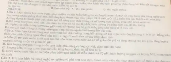 Câu 45 . Hình thức thu hoạch ngao nên áp thước tiêu chuẩn.tiến hành thu toàn phương pháp dụng khi hầu hết số ngao trên
tạo chiều. D. Khoảng
bai đạt kich bộ số ngao ở bai khi nước triểu rút goi là
A. thu tla
B. thu toàn bộ C. thu bán phàn
D. thu ngắt quãng
PHAN II:
Câu 1. Một nhóm học sinh được giao nhiệm vụ tìm hiểu thông tin và thuyết trình về một số ứng dụng của công nghệ sinh
học trong nhân giống thuỷ sản. Để tổng hợp thành báo cáo,nhóm đã rà soát một số ý kiến của các thành viên như sau:
A.Ung dụng kĩ thuật sinh sản nhân tạo để nâng cao chất lượng và số lượng con mùa vụ.
B.Bo sung hormone sinh sản vào thức ǎn cho cá bố mẹ để kích thích chúng đè đồng loạt sau đó thu trung
C. Ngâm cá biển trong hormone giới tính đề chúng duy tri giới tính, giúp cân bằng tỉ lệ đựC.cải.
D.Luru giữ tinh trùng cá trong nitrogen lỏng để bảo quản tinh trùng lâu dài hơn.
Câu 2. Nhà bạn An có trang trại nuôi tôm thẻ chân trắng trong hỗ vuông lót bạt diện tích rộng khoảng
1.000m^2 Bằng kiến thức của phần Công nghệ thuỷ sản lớp 12, người nuôi tôm có các nhận định sau:
A.Nếu đó pH của nước nuôi quá cao thì nên bơm nước mới vào ao để giảm độ pH và tǎng cường sục khí giúp tǎng lượng
oxygen trong nước và giảm độ pH.
B. Khi lượng oxygen trong nước quá thấp phải tǎng cường sục khí, giảm mật độ nuôi
C. Lượng NH_(3)
trong nước quá cao cần tǎng lượng thức ǎn để khử NH_(3)
D. Bom nước mới vào ao là biện pháp hiệu quả nhất để điều chính cả độ pH, hàm lượng oxygen và lượng NH, trong nước
ao nuôi.
Câu 3. Khi tìm hiểu về công nghệ tạo giống rô phi đơn tính đực, nhóm sinh viên thu thập đươc một số thông tin như sau
A. Cách nhi được và cong ngày