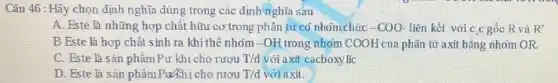 Câu 46 : Hãy chọn định nghĩa đúng trong các định nghĩa sau
A. Este là những hợp chất hữu co trong phân tử có nhóm chức -COO liên kết với c ,c gốc R vả R'
B Este là hợp chất sinh ra khi thế nhóm -OH trong nhóm COOH của phân từ axit bằng nhóm OR.
C. Este là sản phầm Pư khi cho rượu T'd với axit cacboxy lic
D. Este là sàn phẩm Pư&hi cho nượu T/d với axit.