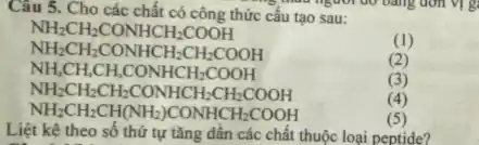 Câu 5. Cho các chất có công thức cấu tạo sau:
NH_(2)CH_(2)CONHCH_(2)COOH
(1)
NH_(2)CH_(2)CONHCH_(2)CH_(2)COOH
(2)
NH_(2)CH_(2)CH_(2)CONHCH_(2)CH_(2)COOH
(3)
NH_(2)CH_(2)CH(NH_(2))CONHCH_(2)COOH
(4)
(5)
Liệt kê theo số thứ tự tǎng dần các chất thuộc loại peptide?