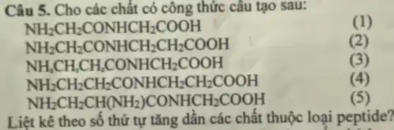 Câu 5. Cho các chất có công thức câu tạo sau:
(1)
NH_(2)CH_(2)CONHCH_(2)COOH
NH_(2)CH_(2)CONHCH_(2)CH_(2)COOH
(2)
NH_(2)CH_(2)CH_(2)CONHCH_(2)COOH
(3)
NH_(2)CH_(2)CH_(2)CONHCH_(2)CH_(2)COOH
(4)
NH_(2)CH_(2)CH(NH_(2))CONHCH_(2)COOH
(5)
Liệt kê theo số thứ tự tǎng dần các chất thuộc loại peptide?